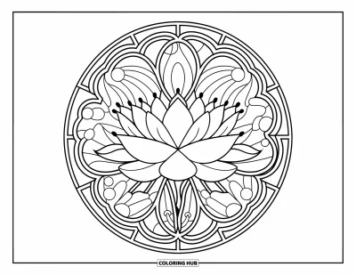 Coloriage de lotus pour adultes : Un lotus en fleur inscrit dans un vitrail en rosace