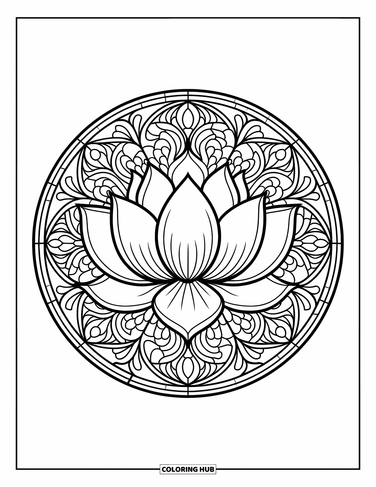 Lotus Coloring Page for Adults: Lotus bloom surrounded by stained glass-style decorative floral frame