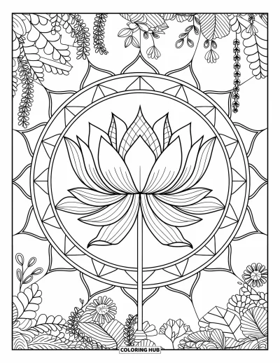 Coloriage de lotus pour adultes : Un lotus avec des pétales et des plantes disposés en mandala géométrique