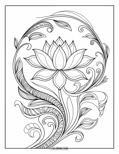 Coloriage de lotus pour adultes : Un lotus en fleur enveloppé de lianes tourbillonnantes et de détails ornementaux