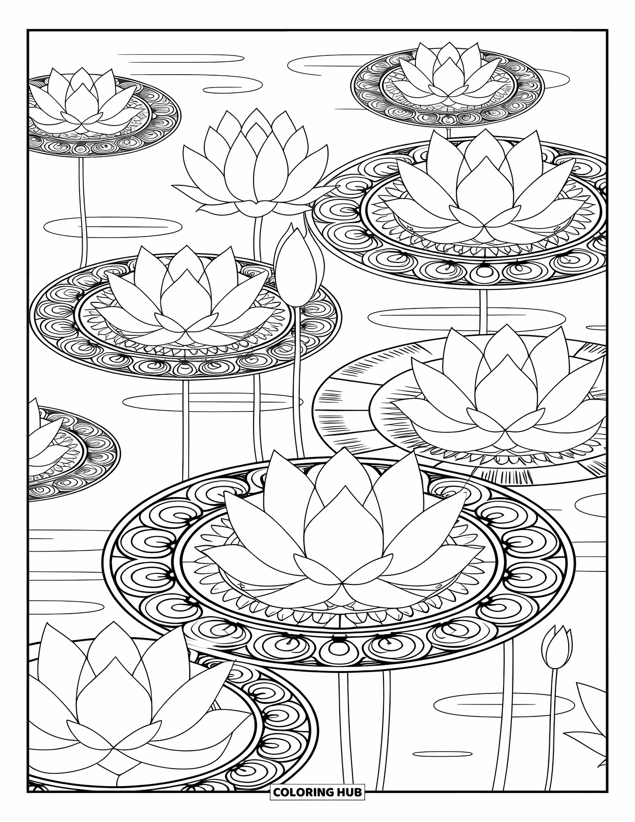 Lotus Coloring Page for Adults: Lotus blooms layered in rings with a serene pond backdrop