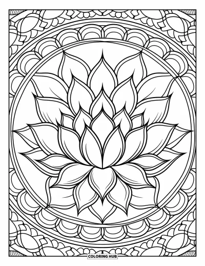 Coloriage de lotus pour adultes : Des lotus épanouis dans des anneaux de mandala aux motifs circulaires tourbillonnants