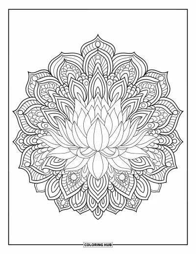 Coloriage de lotus pour adultes : Un lotus au centre d'un mandala botanique pleine page aux motifs élaborés