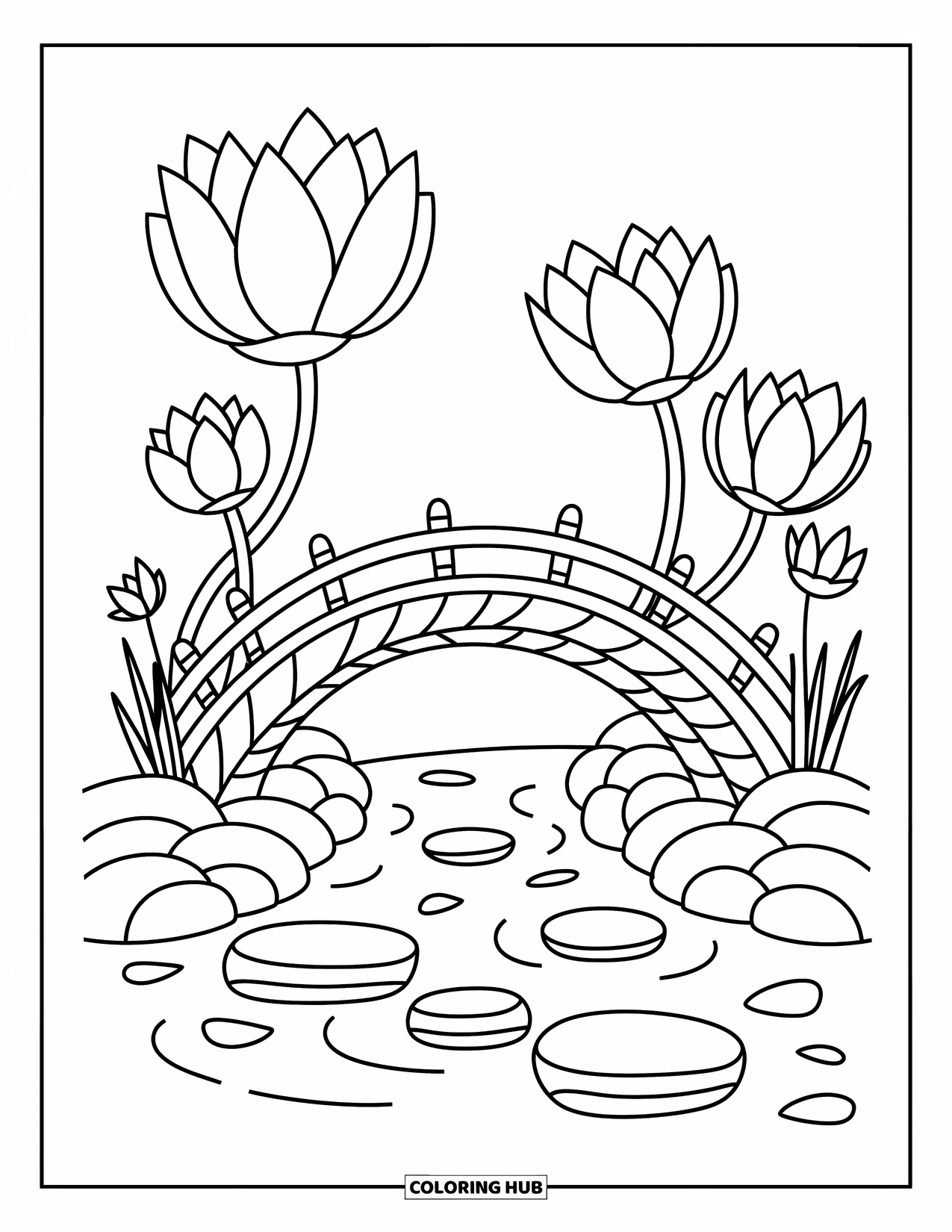 Lotus Coloring Page for Adults: Lotus flower bridge arches over a stream with stones and ripples