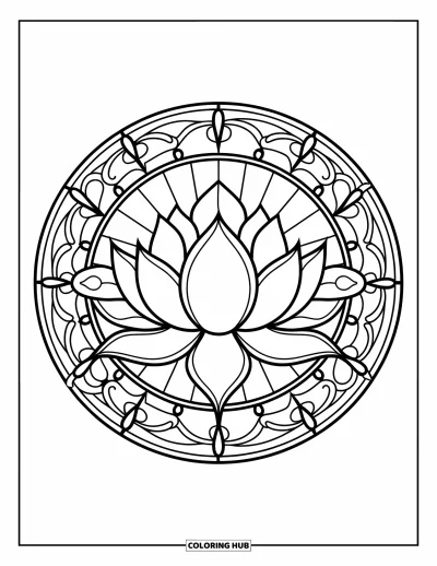 Coloriage de lotus pour adultes : Une fleur de lotus encadrée par un motif floral style vitrail