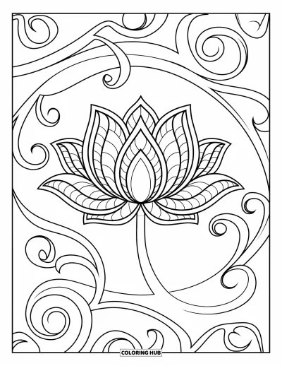 Coloriage de lotus pour adultes : Une fleur de lotus au trait affirmé avec des accents de lianes tourbillonnantes