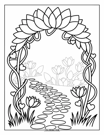 Coloriage de lotus pour adultes : Une arche de pétales de lotus ornée de lianes s'étire au-dessus d'un sentier de galets