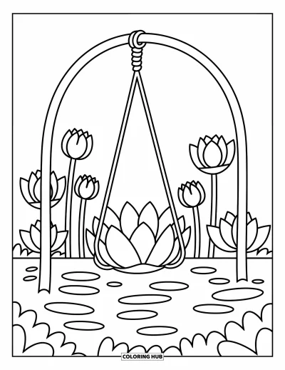 Coloriage de lotus pour adultes : Une balançoire en pétale de lotus flotte au-dessus d'un sol douillet garni de fleurs épanouies