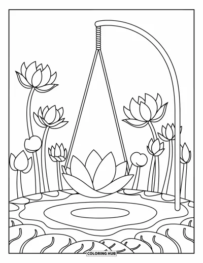 Coloriage de lotus pour adultes : Une balançoire en pétale de lotus est suspendue à une haute tige au-dessus de couches de pétales
