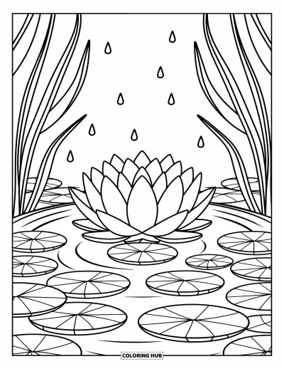 Coloriage de lotus pour adultes : Un lotus repose dans un étang circulaire encadré de roseaux et de nénuphars