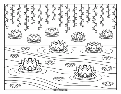 Coloriage de lotus pour adultes : Des lanternes en forme de lotus descendent une rivière sous des lianes suspendues