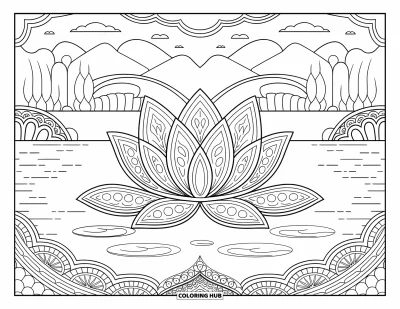 Coloriage de lotus pour adultes : Un lotus dans l'eau avec des motifs de feuilles et un paysage de montagne apaisant