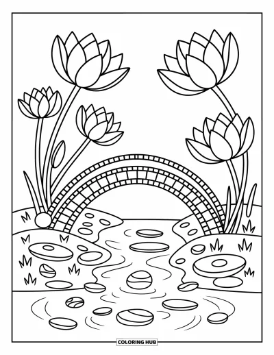 Coloriage de lotus pour adultes : Un pont de tiges de lotus enjambe un ruisseau fleuri aux reflets ondulés