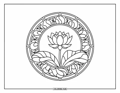 Coloriage de lotus pour adultes : Un lotus entouré de motifs circulaires floraux et de feuilles style vitrail