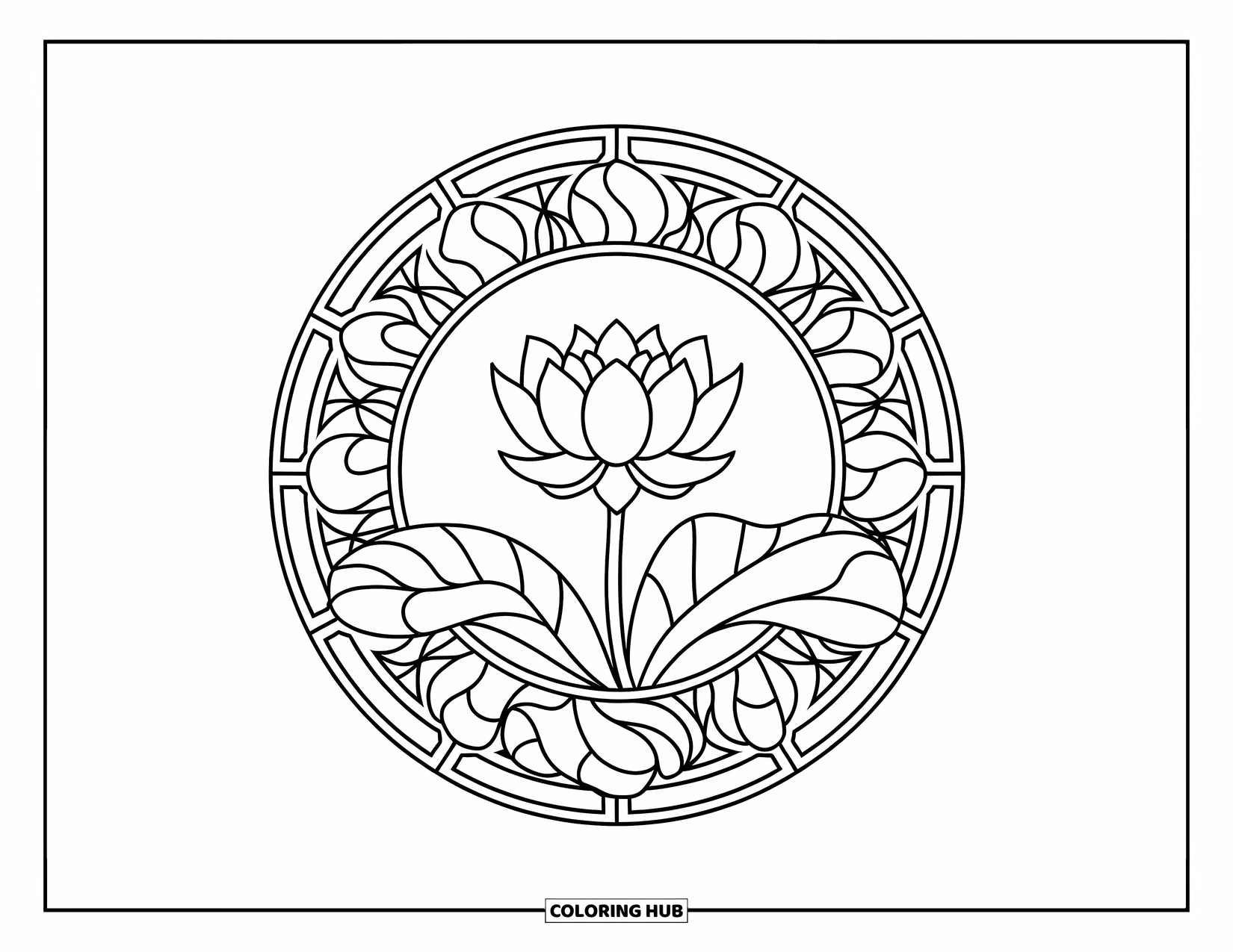 Lotus Coloring Page for Adults: Lotus surrounded by circular stained glass floral and leaf patterns
