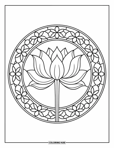 Coloriage de lotus pour adultes : Un lotus avec un anneau floral style vitrail composé de fleurs et de lianes