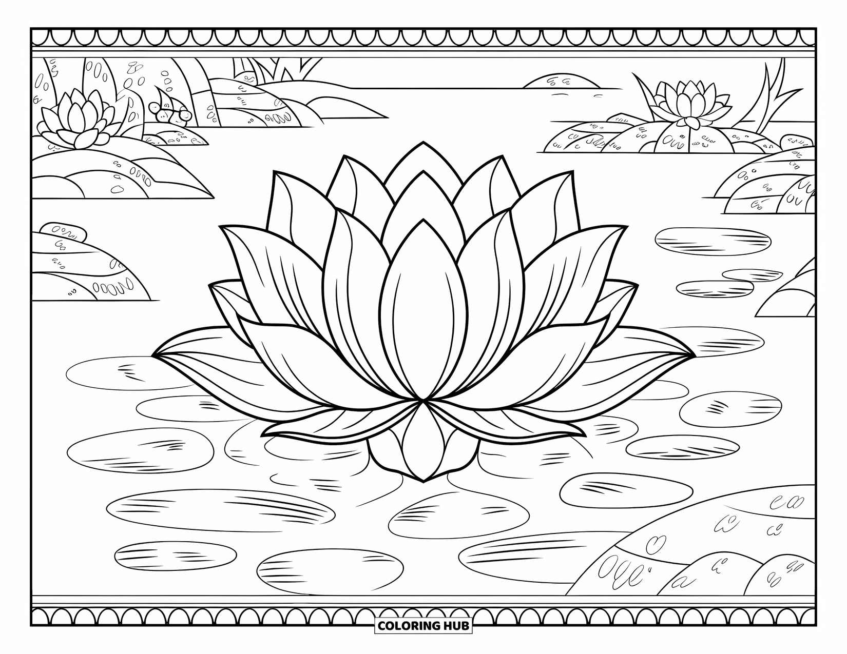 Lotus Coloring Page for Adults: Lotus with leaves and ripples, framed by a scenic lake and rocks