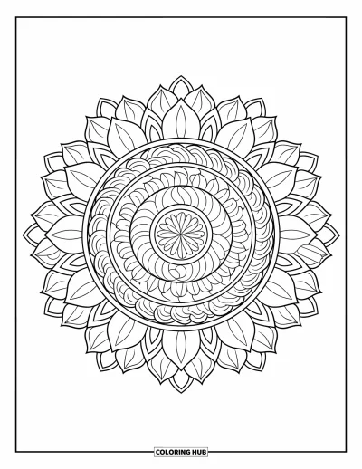 Coloriage de lotus pour adultes : Un mandala de fleurs de lotus et d'anneaux aux motifs géométriques