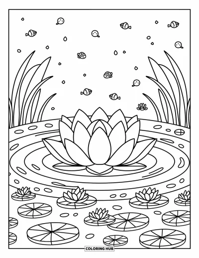 Coloriage de lotus pour adultes : Un lotus ouvert flotte dans un étang rond avec des nénuphars et des ondulations
