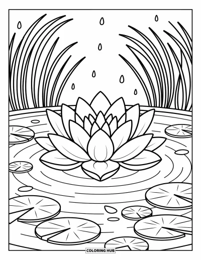Coloriage de lotus pour adultes : Un lotus en fleur flotte paisiblement dans un étang délimité par de doux roseaux incurvés