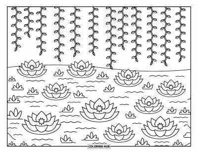 Coloriage de lotus pour adultes : Une rivière sereine avec des lanternes de lotus flottantes et de douces lianes suspendues