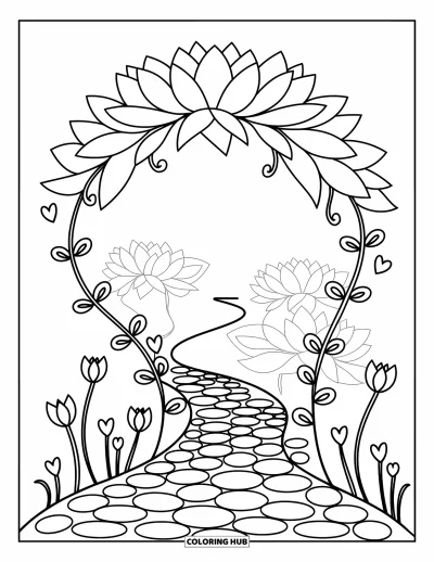 Coloriage de lotus pour adultes : Une arche de pétales et de lianes se courbe au-dessus d'un chemin de pierres menant à un jardin serein