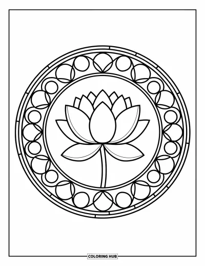 Coloriage de lotus pour adultes : Un lotus réaliste cerclé de fleurs tourbillonnantes style vitrail