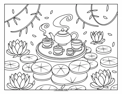 Coloriage de lotus pour adultes : Des tasses à thé et des douceurs sur une table en nénuphar entourée de lotus en fleur