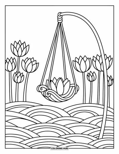 Coloriage de lotus pour adultes : Une balançoire fantaisiste en pétale de lotus repose au-dessus de doux niveaux de jardin