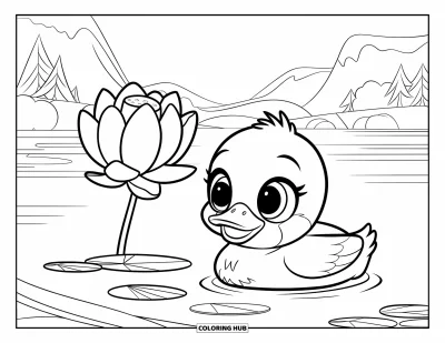 Coloriage de lotus pour enfants : Un bébé canard flotte tranquillement près d'un lotus en fleur