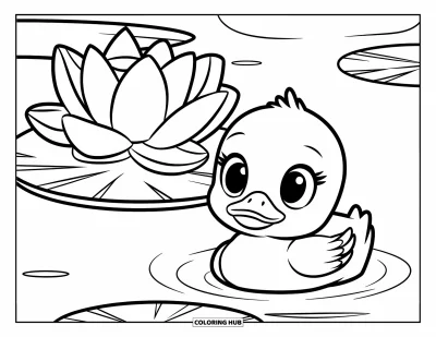 Coloriage de lotus pour enfants : Un bébé canard aux grands yeux flotte à côté d'une fleur de lotus