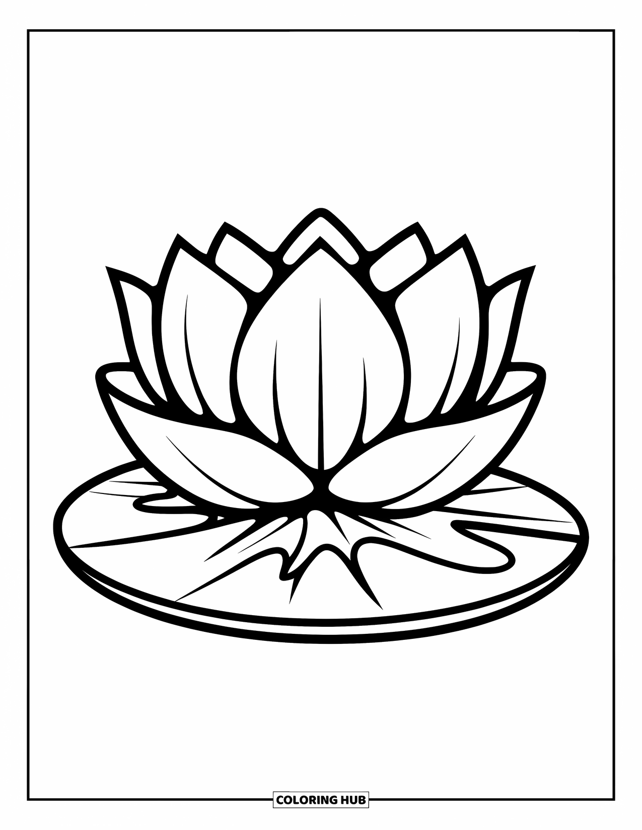 Lotus Coloring Page for Kids: Big-petaled lotus rests on a round lily pad