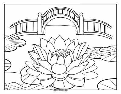 Coloriage de lotus pour enfants : Un lotus en fleur repose près d'un pont discret et d'une eau calme