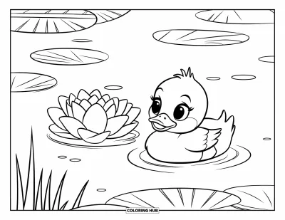 Coloriage de lotus pour enfants : Un adorable canard dérive près d'un lotus en fleur sur une eau calme