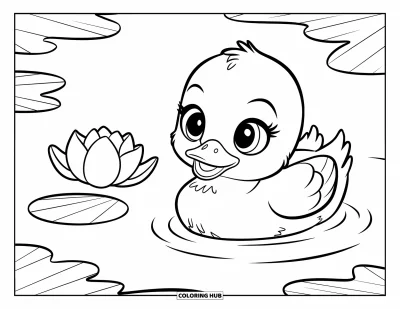 Coloriage de lotus pour enfants : Un caneton glisse devant une fleur de lotus dans des eaux apaisantes