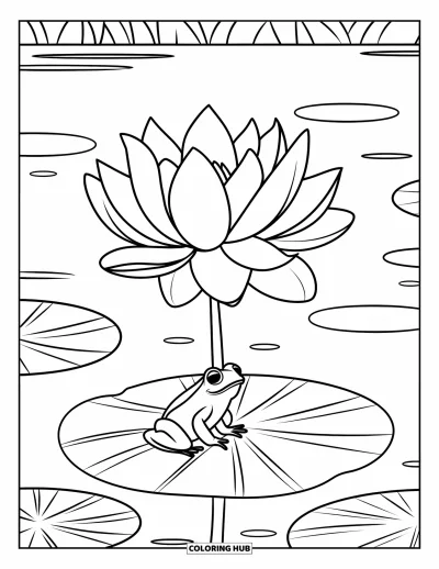 Coloriage de lotus pour enfants : Une grenouille se détend sur un nénuphar près d'une fleur de lotus dans un lac