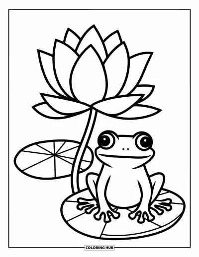 Coloriage de lotus pour enfants : Une grenouille est assise sur un nénuphar près d'un lotus en fleur