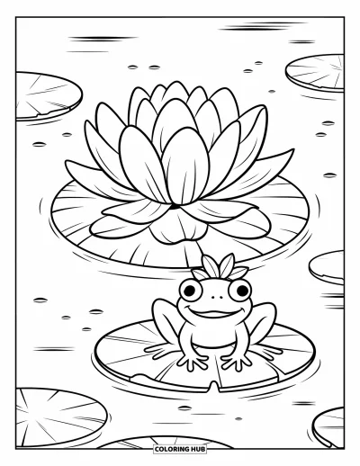 Coloriage de lotus pour enfants : Une grenouille coiffée d'une couronne de feuilles se repose sur un nénuphar près d'un lotus