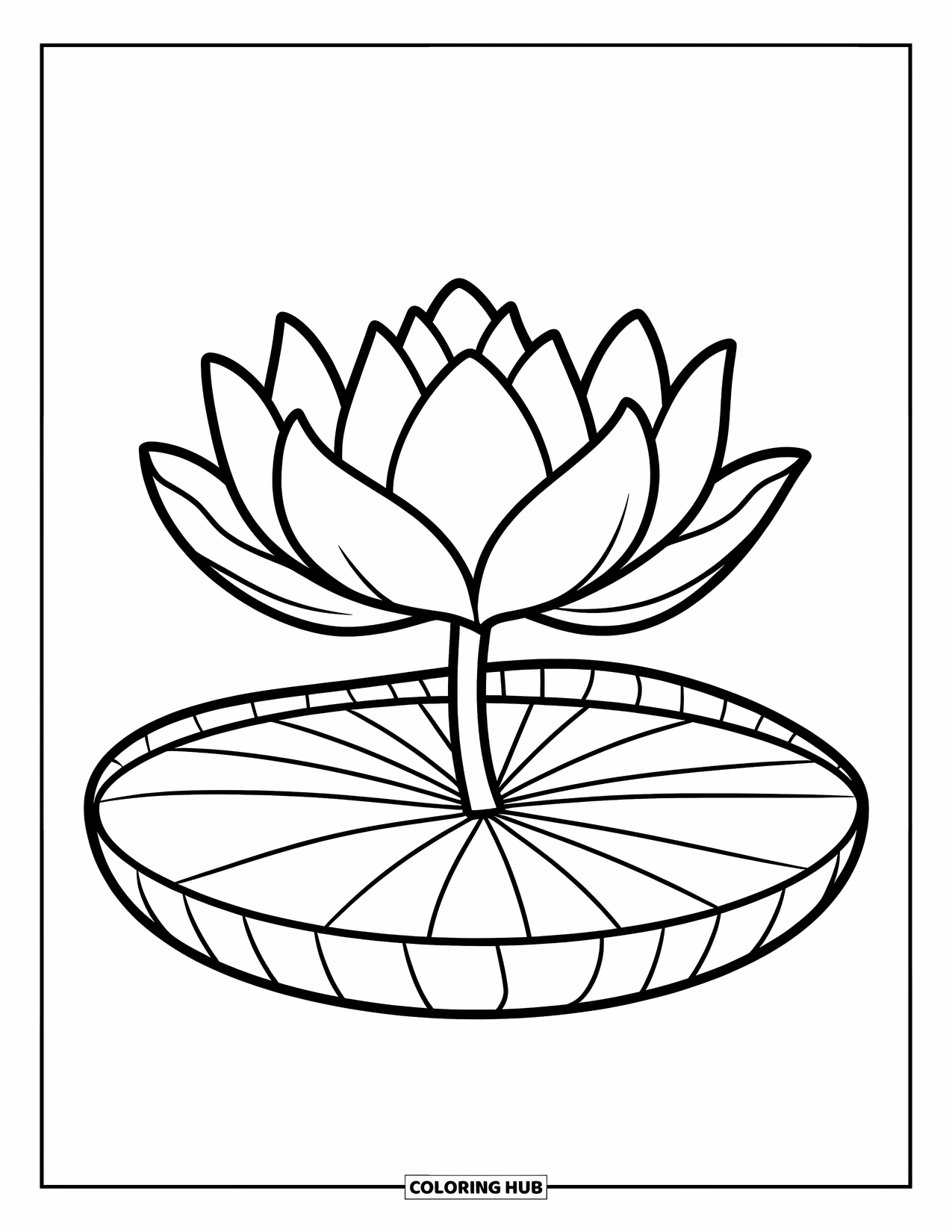 Lotus Coloring Page for Kids: Full-bloom lotus sits happily on a lily pad