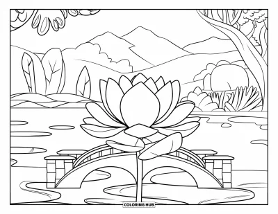 Coloriage de lotus pour enfants : Un lotus et un pont sont installés dans un jardin baigné de montagnes et d'eau