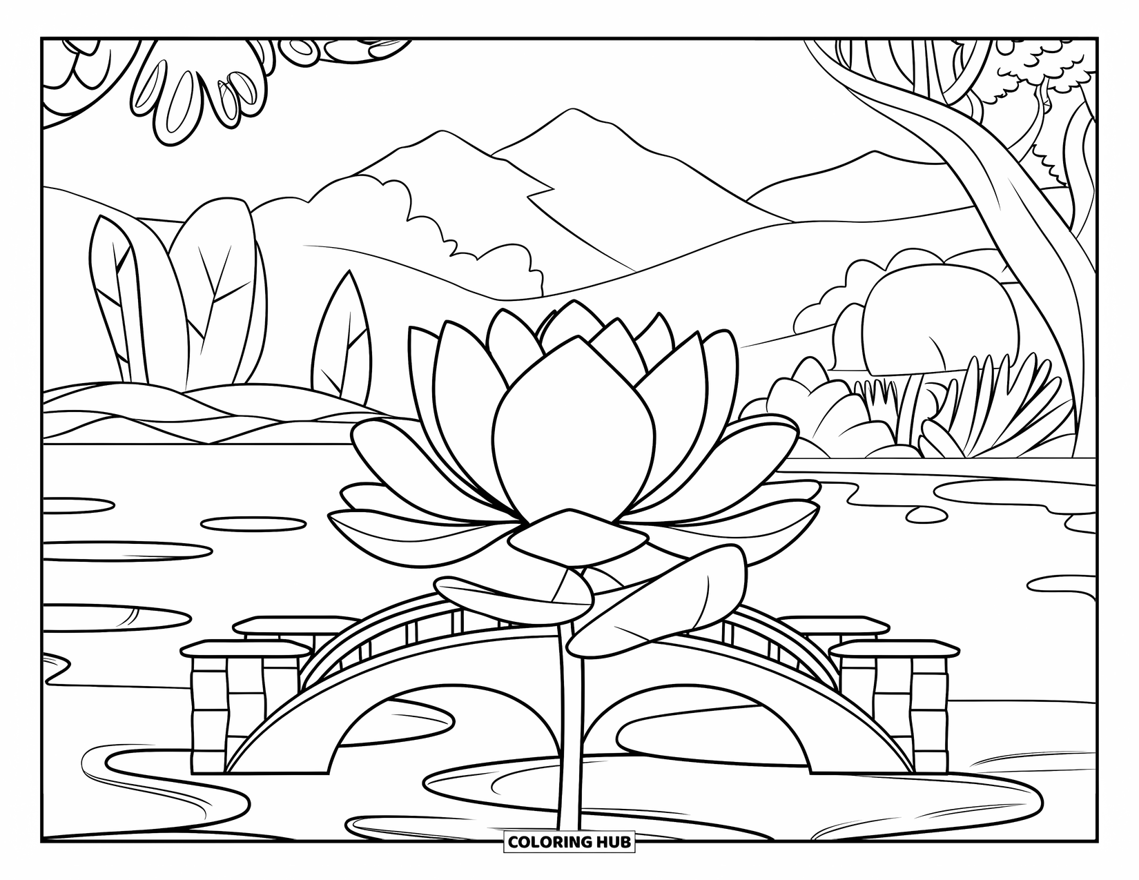 Lotus Coloring Page for Kids: Lotus and bridge sit in a mountain and water-filled garden