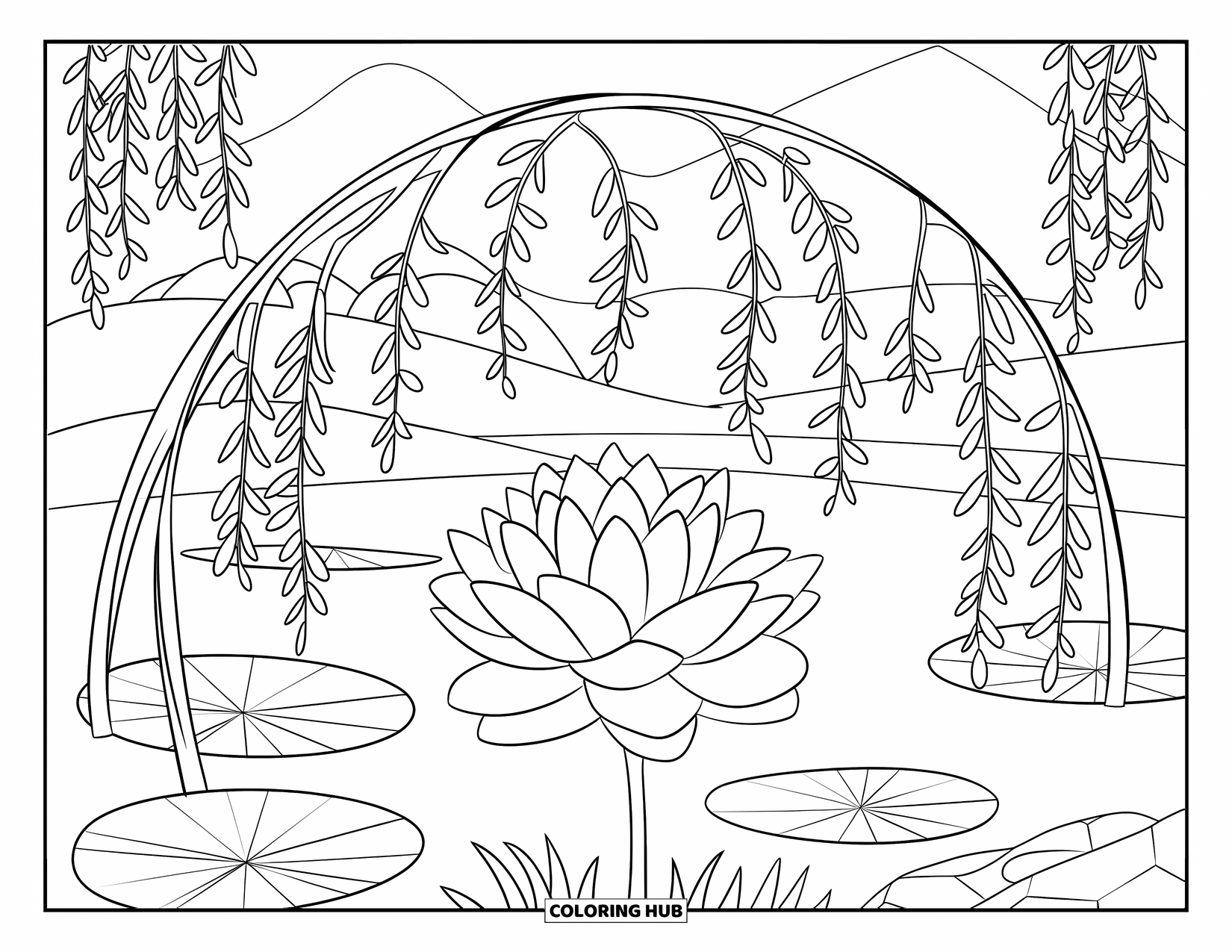 Lotus Coloring Page for Kids: Lotus and willow leaves frame a calm pond with mountains and a bridge