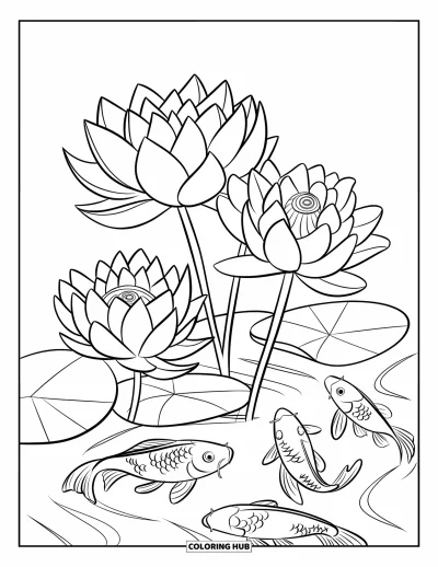 Coloriage de lotus pour enfants : Des lotus et des poissons koï animent une scène d'étang paisible
