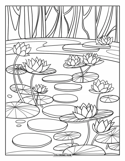 Coloriage de lotus pour enfants : Des lotus et des pierres de gué composent une scène forestière sereine