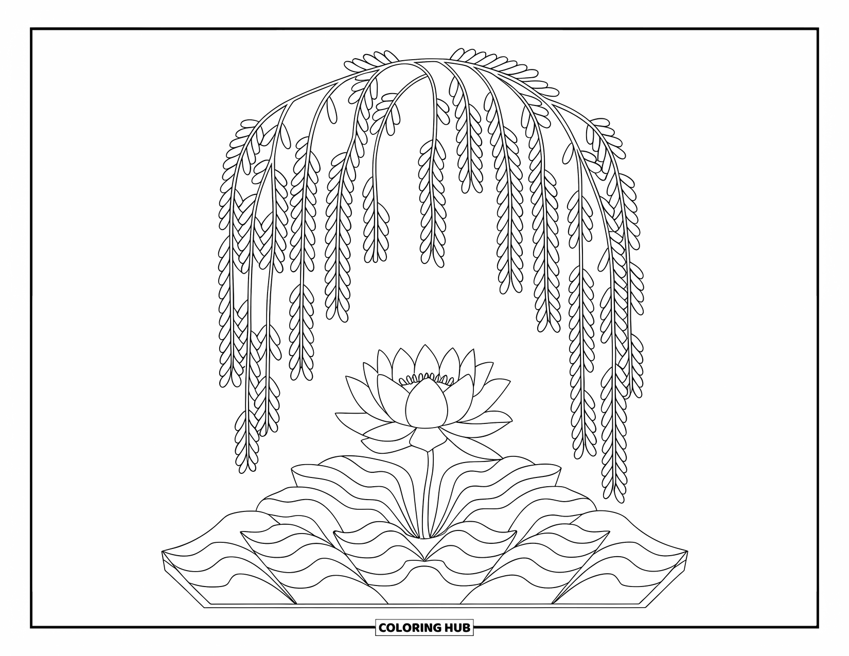 Lotus Coloring Page for Kids: Lotus blooms beneath willow leaves with a peaceful arch overhead