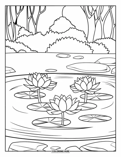 Coloriage de lotus pour enfants : Un lotus s'épanouit sur un étang entouré de rochers et d'arbres