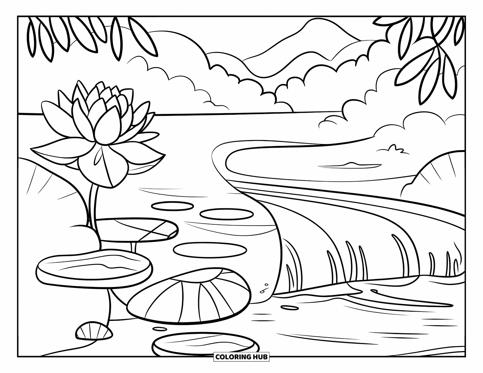 Lotus Coloring Page for Kids: Lotus blooms near a tiny waterfall in a peaceful mountain scene