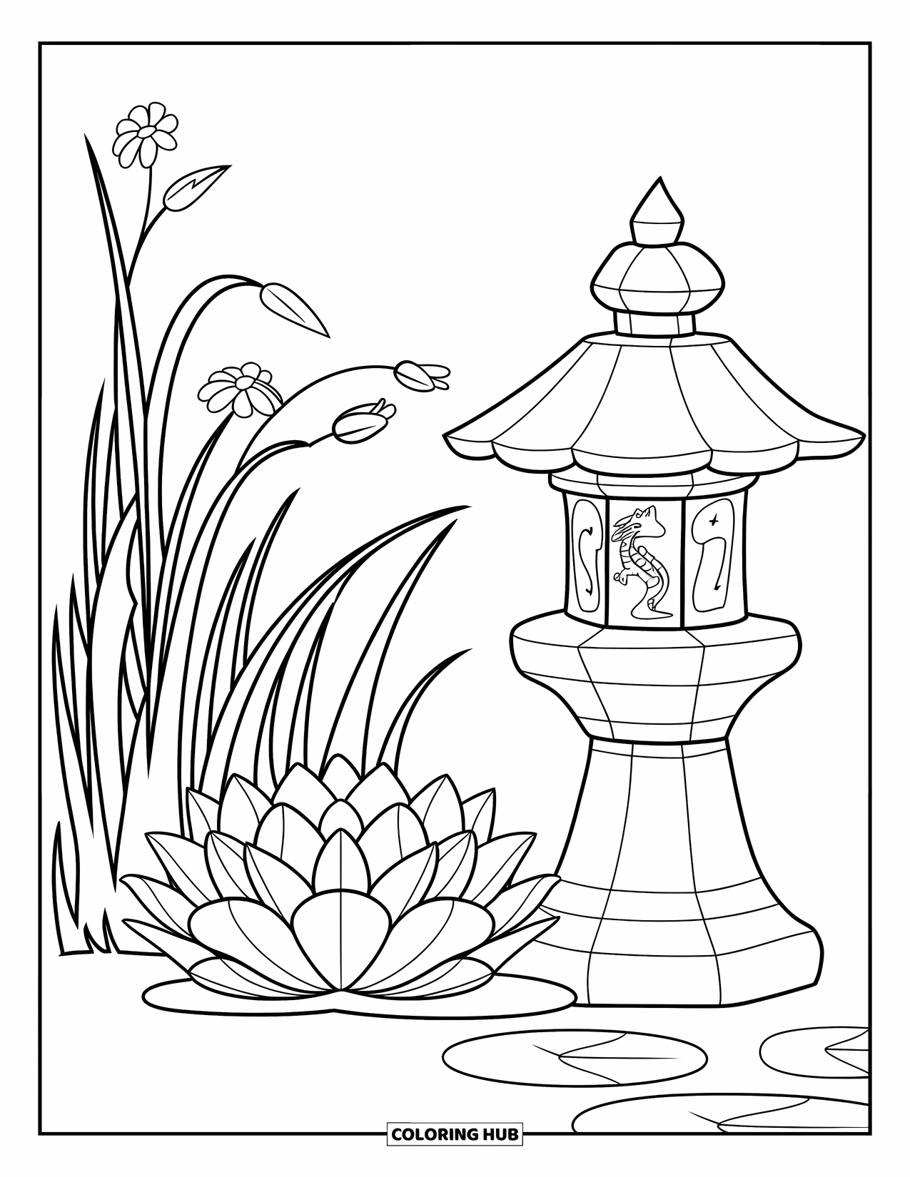 Lotus Coloring Page for Kids: Lotus cluster and dragon lantern stand peacefully among tall grass