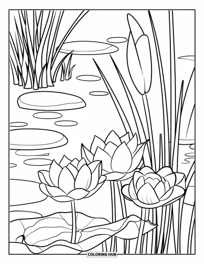 Coloriage de lotus pour enfants : Un bouquet de lotus et des pierres d'étang se trouvent près de hauts roseaux