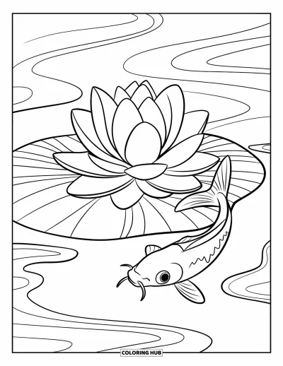 Coloriage de lotus pour enfants : Une fleur de lotus et un poisson koï flottent doucement dans un étang paisible